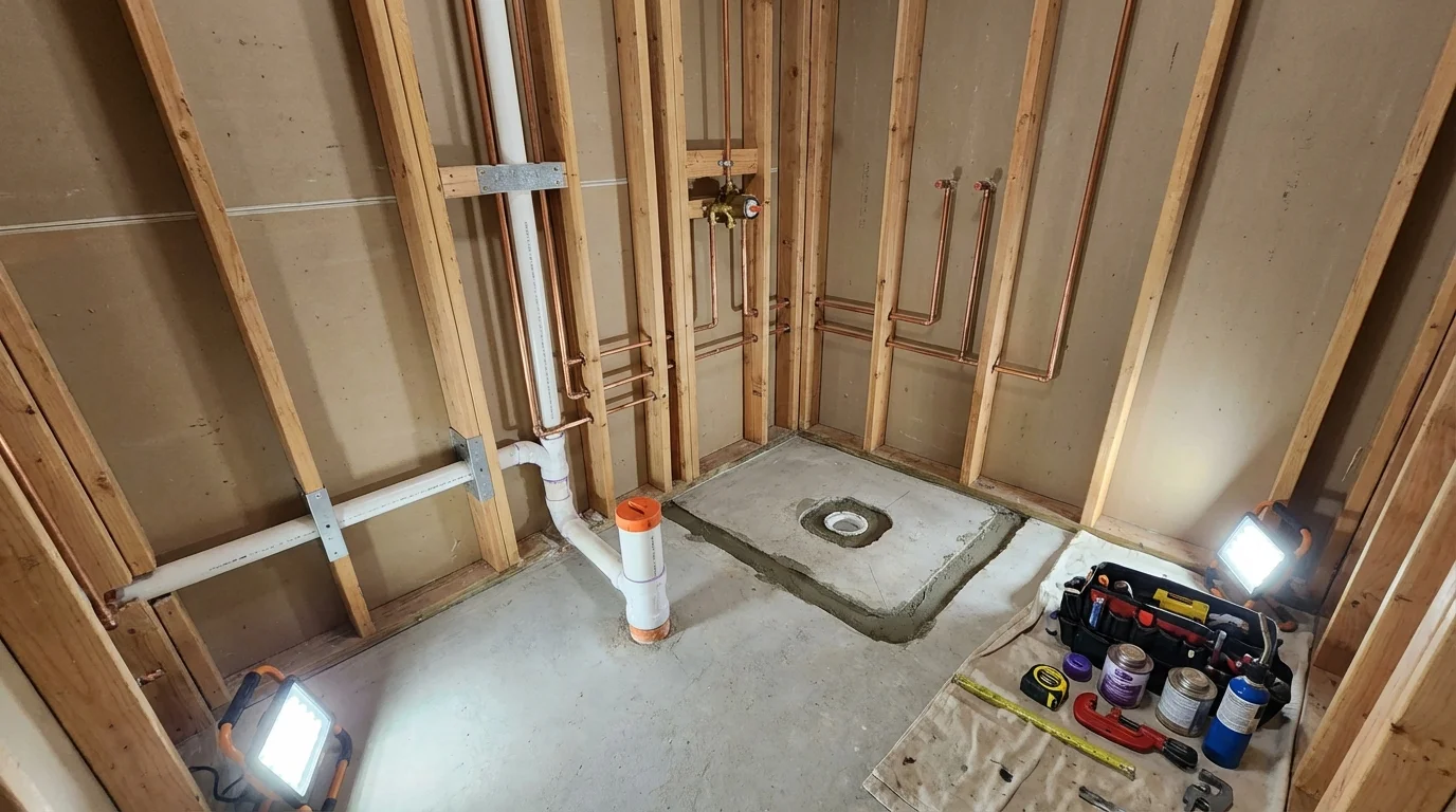 Bathroom rough-in plumbing during remodel by Johns Plumbing LLC in Warroad