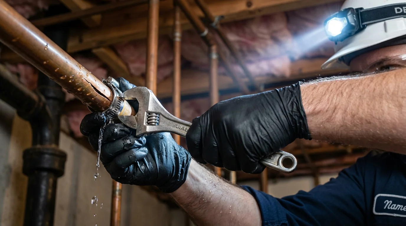 Emergency pipe clamp repair being performed by a Johns Plumbing LLC plumber in Warroad