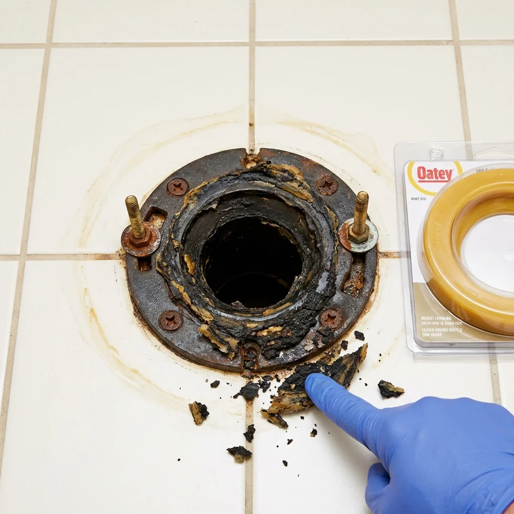 Failed wax ring showing water seepage at the base of a toilet in a Warroad, MN home